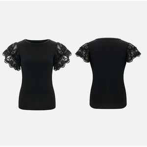 Woman's Summer Tops - Black / White Solid Lace Petal Short Sleeve Blouse