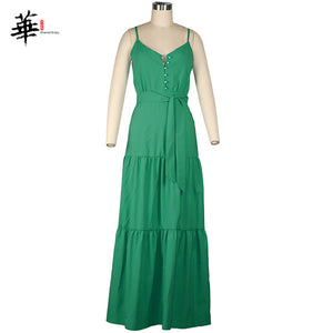 Women's Elegant Button Up Spaghetti Strap Backless Casual Long Dresses