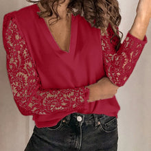 Load image into Gallery viewer, Women V-neck Lace Hollow Out Patchwork with Long Sleeves Blouse