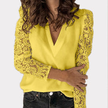 Load image into Gallery viewer, Women V-neck Lace Hollow Out Patchwork with Long Sleeves Blouse