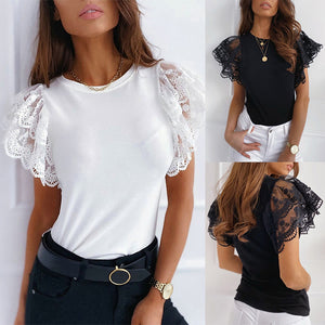 Woman's Summer Tops - Black / White Solid Lace Petal Short Sleeve Blouse