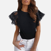 Load image into Gallery viewer, Woman&#39;s Summer Tops - Black / White Solid Lace Petal Short Sleeve Blouse