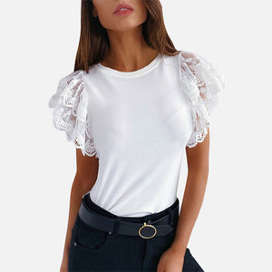 Woman's Summer Tops - Black / White Solid Lace Petal Short Sleeve Blouse