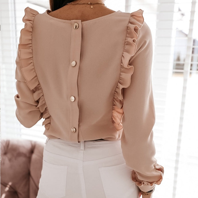 Women Ruffles Back Buttons O-Neck Long Sleeve Tops