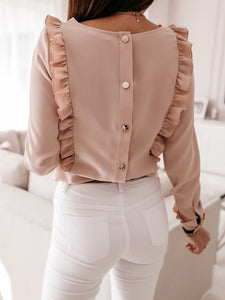 Women Ruffles Back Buttons O-Neck Long Sleeve Tops