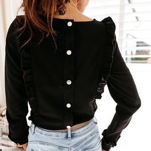 Women Ruffles Back Buttons O-Neck Long Sleeve Tops