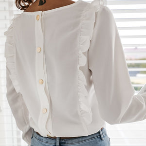 Women Ruffles Back Buttons O-Neck Long Sleeve Tops