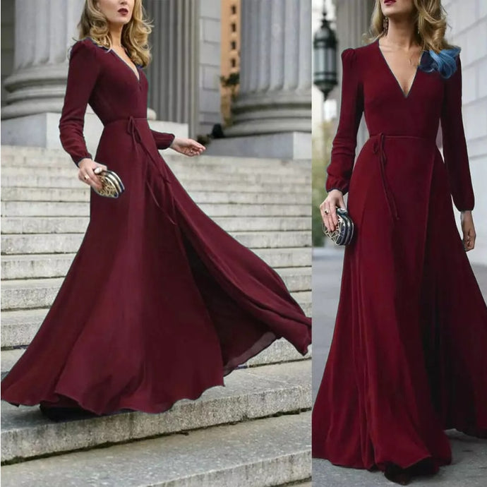 Women  Formal Maxi V Neck Long Sleeve Solid Color Bandage Evening Gown