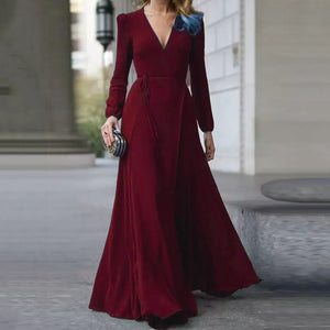Women  Formal Maxi V Neck Long Sleeve Solid Color Bandage Evening Gown