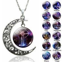 Load image into Gallery viewer, 12 Constellation Necklace Zodiac Signs Cabochon Glass Crescent Moon Pendant