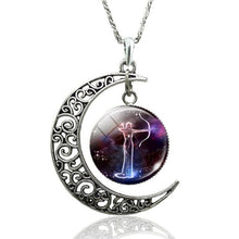 Load image into Gallery viewer, 12 Constellation Necklace Zodiac Signs Cabochon Glass Crescent Moon Pendant