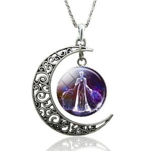 12 Constellation Necklace Zodiac Signs Cabochon Glass Crescent Moon Pendant