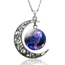 Load image into Gallery viewer, 12 Constellation Necklace Zodiac Signs Cabochon Glass Crescent Moon Pendant