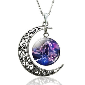 12 Constellation Necklace Zodiac Signs Cabochon Glass Crescent Moon Pendant