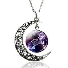 Load image into Gallery viewer, 12 Constellation Necklace Zodiac Signs Cabochon Glass Crescent Moon Pendant