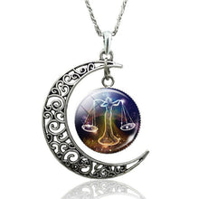 Load image into Gallery viewer, 12 Constellation Necklace Zodiac Signs Cabochon Glass Crescent Moon Pendant