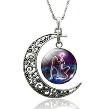 Load image into Gallery viewer, 12 Constellation Necklace Zodiac Signs Cabochon Glass Crescent Moon Pendant