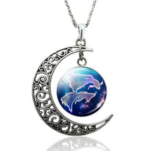 Load image into Gallery viewer, 12 Constellation Necklace Zodiac Signs Cabochon Glass Crescent Moon Pendant