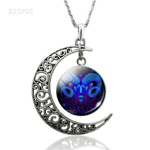 12 Constellation Necklace Zodiac Signs Cabochon Glass Crescent Moon Pendant