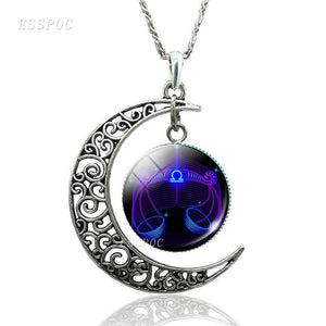 12 Constellation Necklace Zodiac Signs Cabochon Glass Crescent Moon Pendant