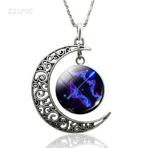 12 Constellation Necklace Zodiac Signs Cabochon Glass Crescent Moon Pendant