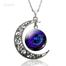 Load image into Gallery viewer, 12 Constellation Necklace Zodiac Signs Cabochon Glass Crescent Moon Pendant