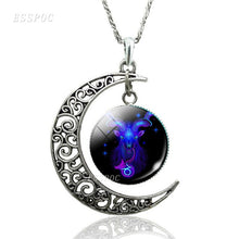 Load image into Gallery viewer, 12 Constellation Necklace Zodiac Signs Cabochon Glass Crescent Moon Pendant