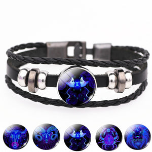 12 Constellation Zodiac Sign Black Buckle Leather Bracelet