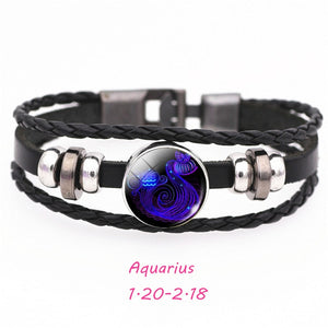 12 Constellation Zodiac Sign Black Buckle Leather Bracelet