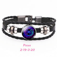 Load image into Gallery viewer, 12 Constellation Zodiac Sign Black Buckle Leather Bracelet