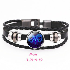 12 Constellation Zodiac Sign Black Buckle Leather Bracelet