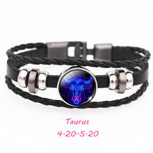 Load image into Gallery viewer, 12 Constellation Zodiac Sign Black Buckle Leather Bracelet