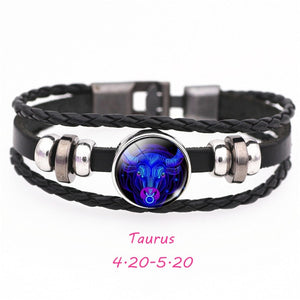 12 Constellation Zodiac Sign Black Buckle Leather Bracelet