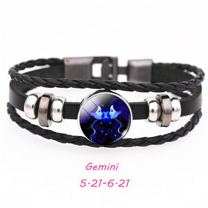 12 Constellation Zodiac Sign Black Buckle Leather Bracelet