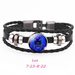 12 Constellation Zodiac Sign Black Buckle Leather Bracelet