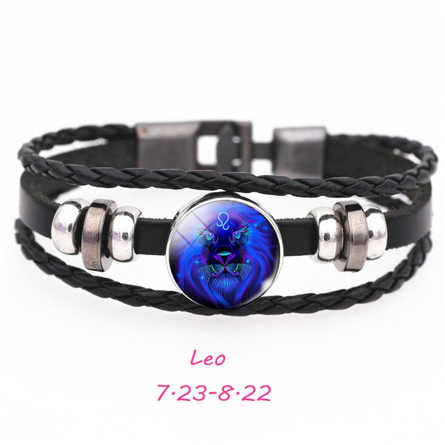 12 Constellation Zodiac Sign Black Buckle Leather Bracelet