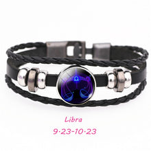 Load image into Gallery viewer, 12 Constellation Zodiac Sign Black Buckle Leather Bracelet