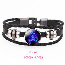 Load image into Gallery viewer, 12 Constellation Zodiac Sign Black Buckle Leather Bracelet