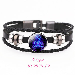 12 Constellation Zodiac Sign Black Buckle Leather Bracelet