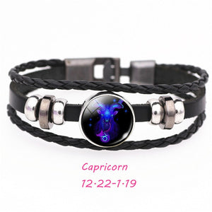 12 Constellation Zodiac Sign Black Buckle Leather Bracelet