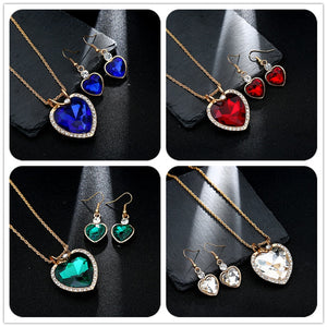 Fashion Austrian Rhinestone Necklace Earrings Set Heart Waterdrop Pearl Charm Pendant Gold Silver Color Plated Women Jewelry