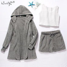 Load image into Gallery viewer, Winter Pajamas Set Women Sleepwear Warm Flannel Long Sleeves Robe Vest Short Pants Pajamas Pink Cute Homewear Velvet Home Suit