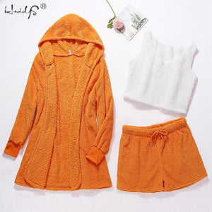 Winter Pajamas Set Women Sleepwear Warm Flannel Long Sleeves Robe Vest Short Pants Pajamas Pink Cute Homewear Velvet Home Suit
