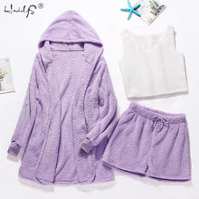 Load image into Gallery viewer, Winter Pajamas Set Women Sleepwear Warm Flannel Long Sleeves Robe Vest Short Pants Pajamas Pink Cute Homewear Velvet Home Suit