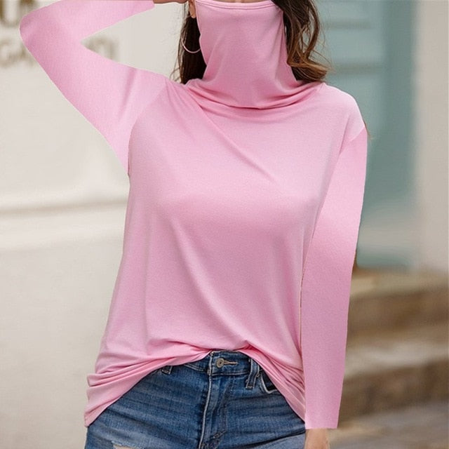 2021 Summer Sexy  Cotton Spring Women Turtleneck Plus Sizes Large Big Loose Vintage Mask T Shirts Tops Full Long Sleeve