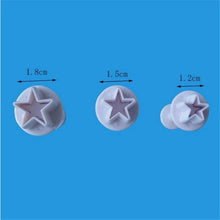 Load image into Gallery viewer, 3Pcs/Set Geometric Fondant Cookie Cake Cutter Ejector Stamp Plunger Mold Embossed Star Heart DIY Baking Cake Decorating Tools