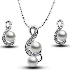 Fashion Austrian Rhinestone Necklace Earrings Set Heart Waterdrop Pearl Charm Pendant Gold Silver Color Plated Women Jewelry