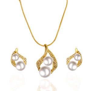 Fashion Austrian Rhinestone Necklace Earrings Set Heart Waterdrop Pearl Charm Pendant Gold Silver Color Plated Women Jewelry