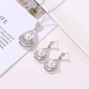 Fashion Austrian Rhinestone Necklace Earrings Set Heart Waterdrop Pearl Charm Pendant Gold Silver Color Plated Women Jewelry