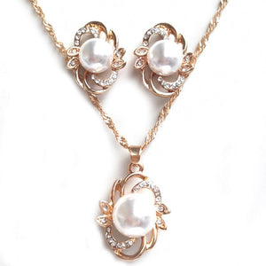 Fashion Austrian Rhinestone Necklace Earrings Set Heart Waterdrop Pearl Charm Pendant Gold Silver Color Plated Women Jewelry